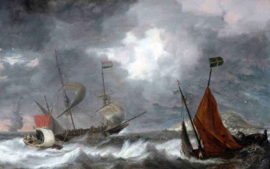 Sea storm with sailing ships